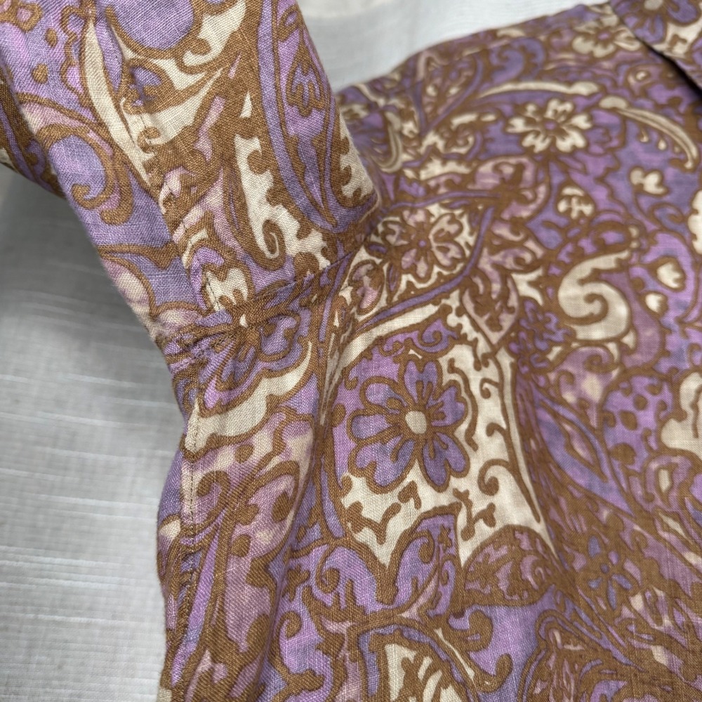 Luciano Barbera 100% Linen Button Down Shirt Purple Brown Paisley Italy LARGE - Picture 5 of 10